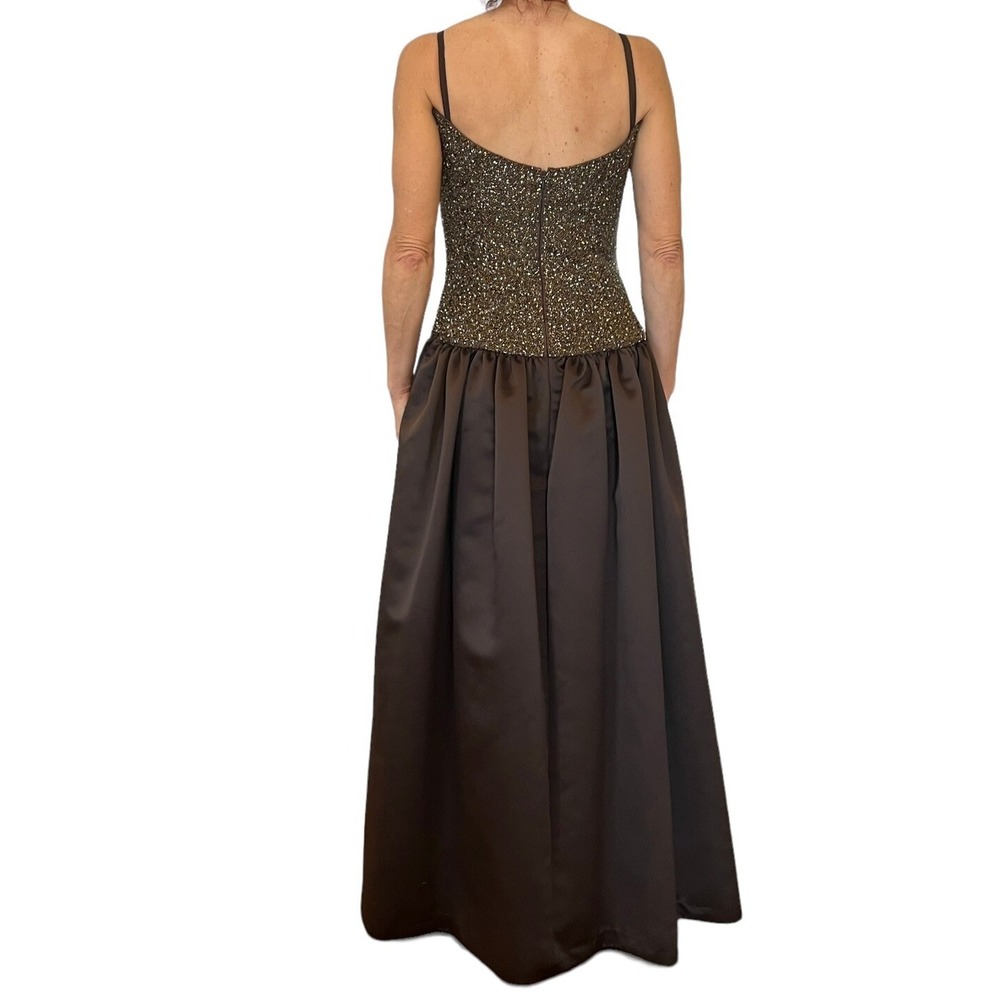 BOB MACKIE WOMEN VINTAGE 80'S SLEEVELSS BROWN BEADED SATIN BALL EVENING GOWN S/M - Picture 6 of 11